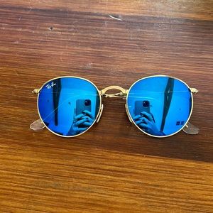 Foldable Ray Ban Round Metal Sunglasses with Blue Lens